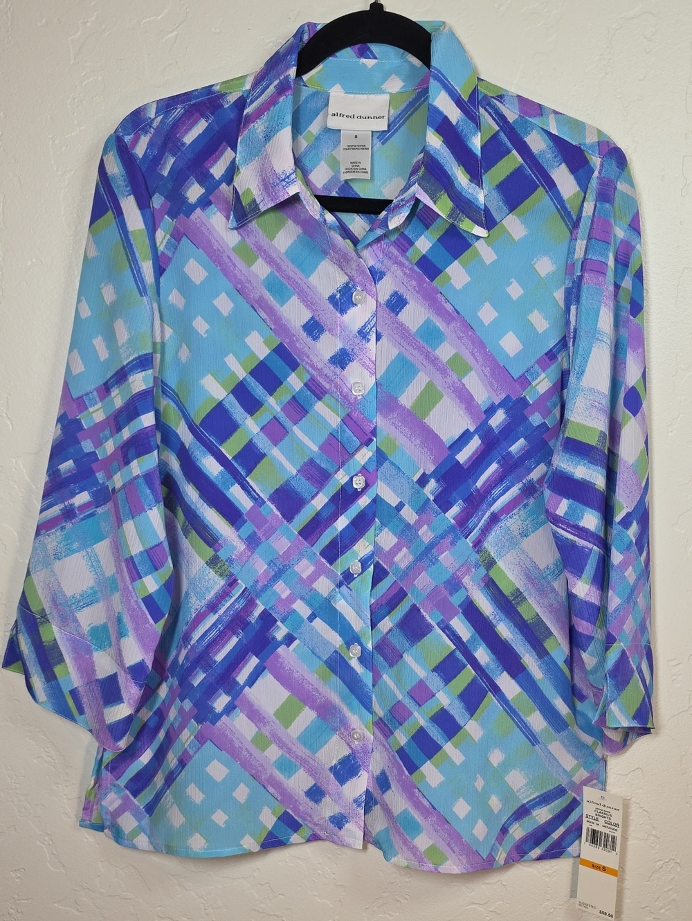 Alfred Dunner Light Blue, Purple & Green Plaid Button-Down Blouse